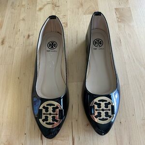 Tory Burch Black Flats with Gold Emblem